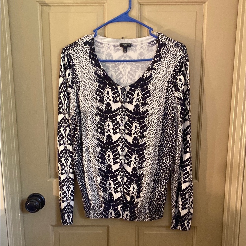 Talbots Black and Cream print cardigan petite large